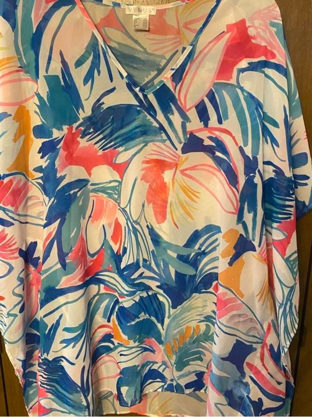VENUS Tropical Print V-Neck Tunic in Blue, Pink & Coral